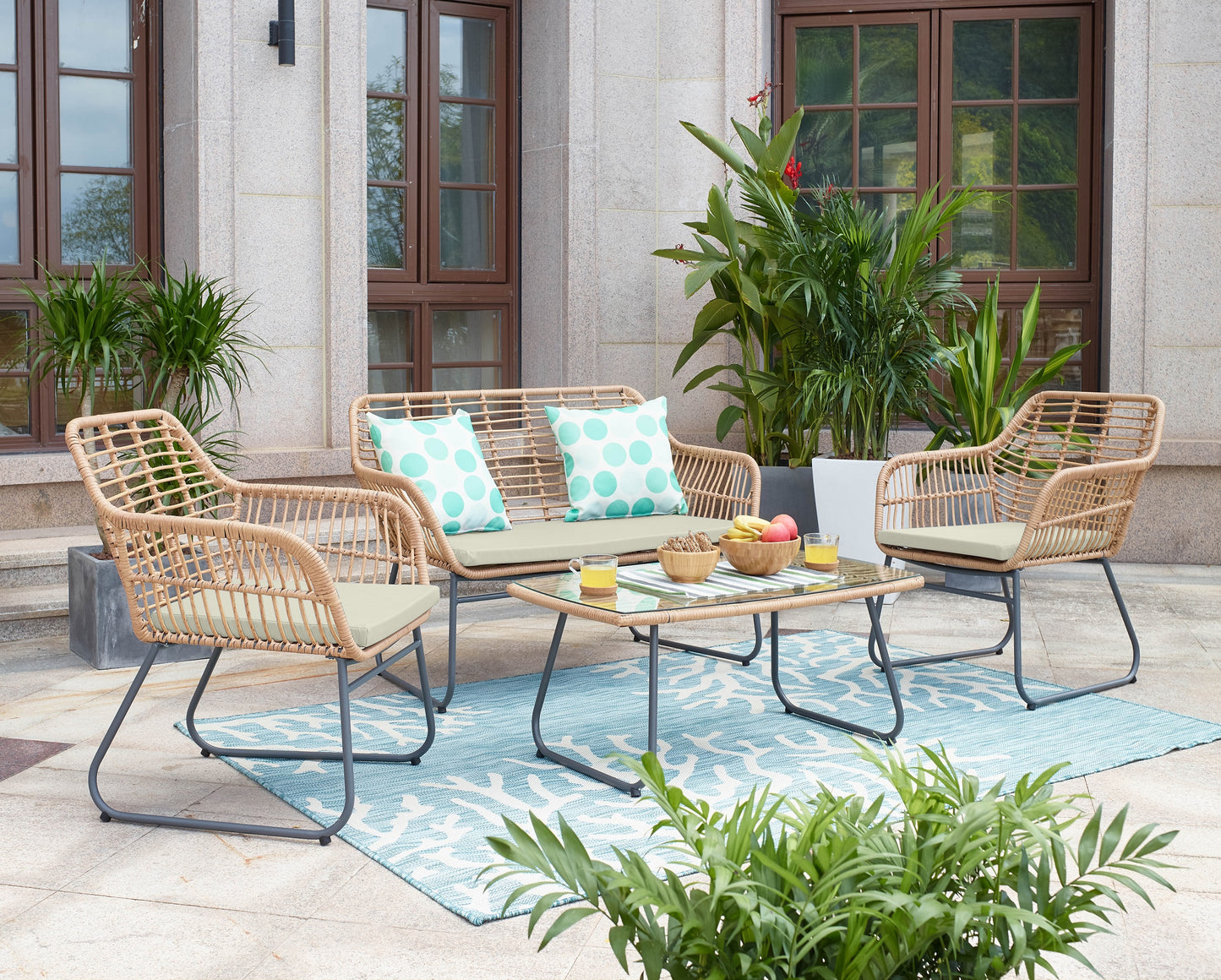 Manhattan Comfort Antibes 2.0 Steel Rattan 4-Piece Patio Conversation Set with Cushions in Cream OD-CV011-CR