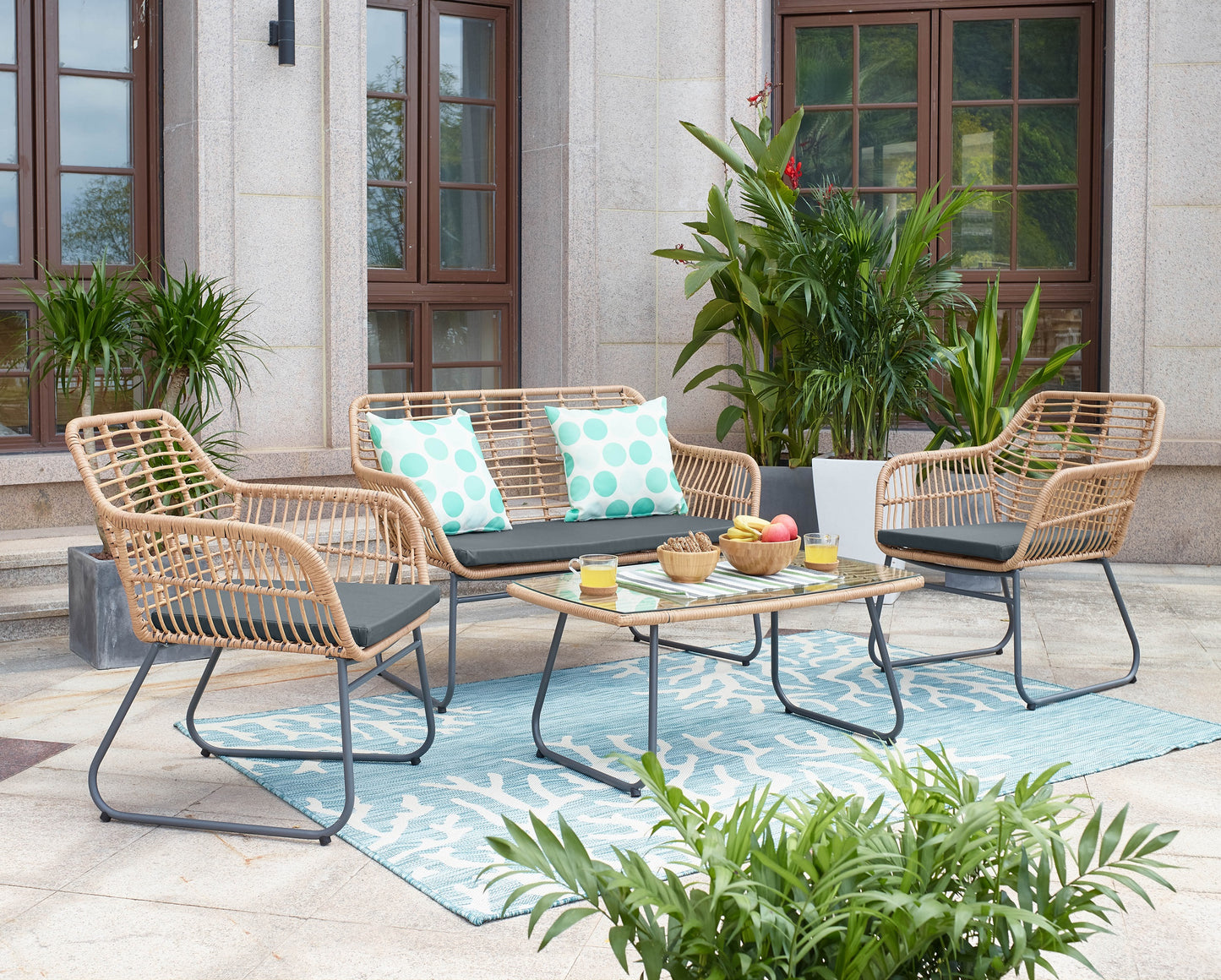Manhattan Comfort Antibes 2.0 Steel Rattan 4-Piece Patio Conversation Set with Cushions in Grey OD-CV011-GY