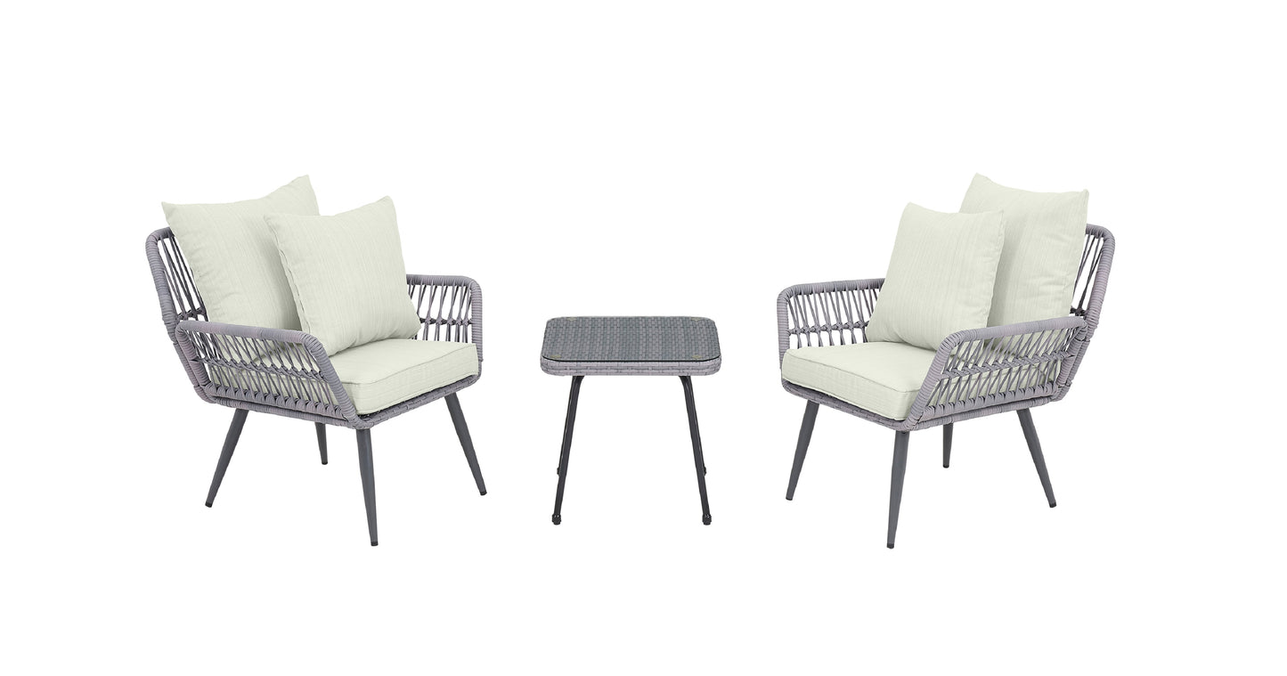 Manhattan Comfort Cannes Rope Wicker 3-Piece Patio Conversation Set with Cushions in Cream OD-CV012-CR