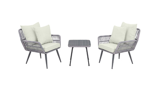 Manhattan Comfort Cannes Rope Wicker 3-Piece Patio Conversation Set with Cushions in Cream OD-CV012-CR