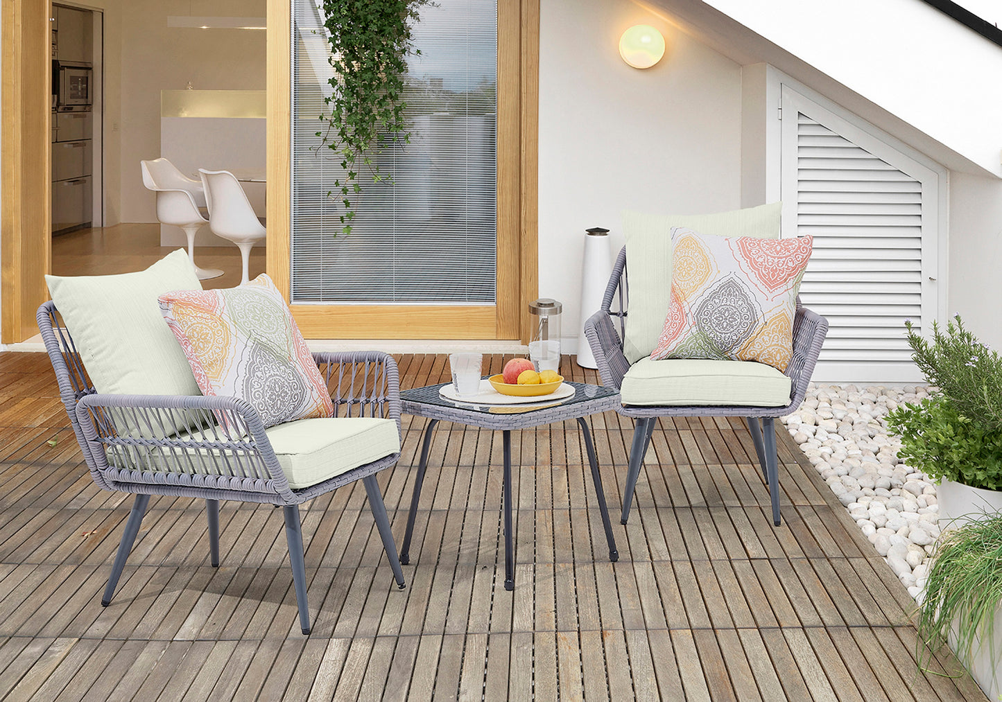 Manhattan Comfort Cannes Rope Wicker 3-Piece Patio Conversation Set with Cushions in Cream OD-CV012-CR