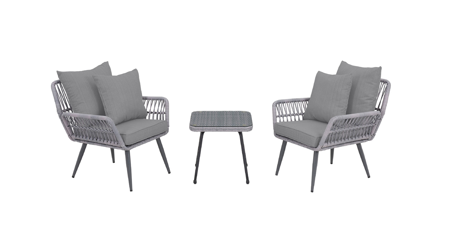 Manhattan Comfort Cannes Rope Wicker 3-Piece Patio Conversation Set with Cushions in Grey OD-CV012-GY