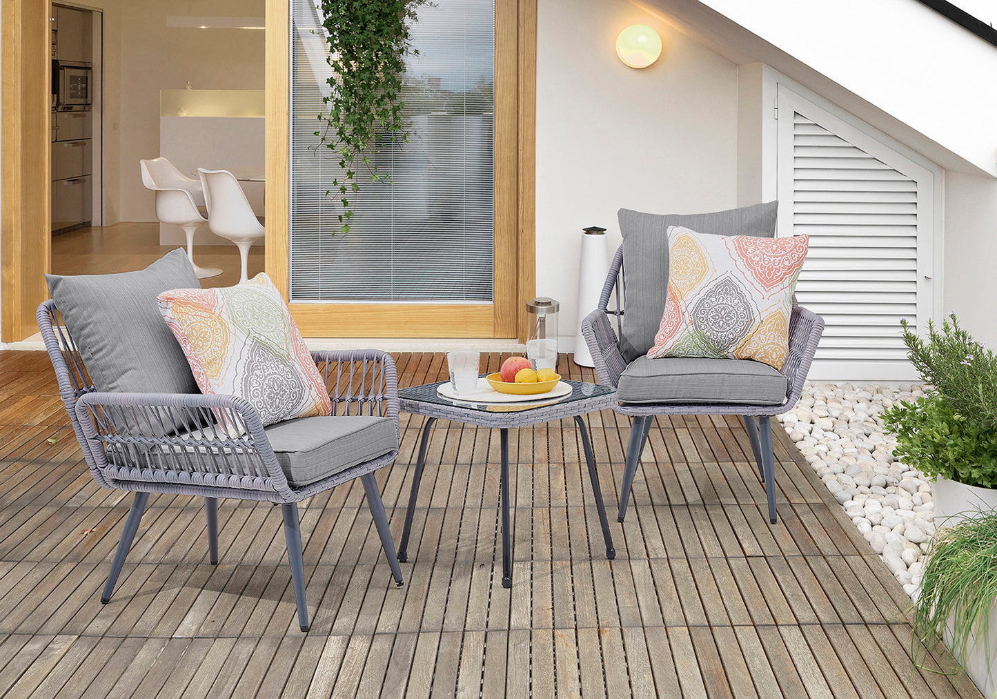 Manhattan Comfort Cannes Rope Wicker 3-Piece Patio Conversation Set with Cushions in Grey OD-CV012-GY