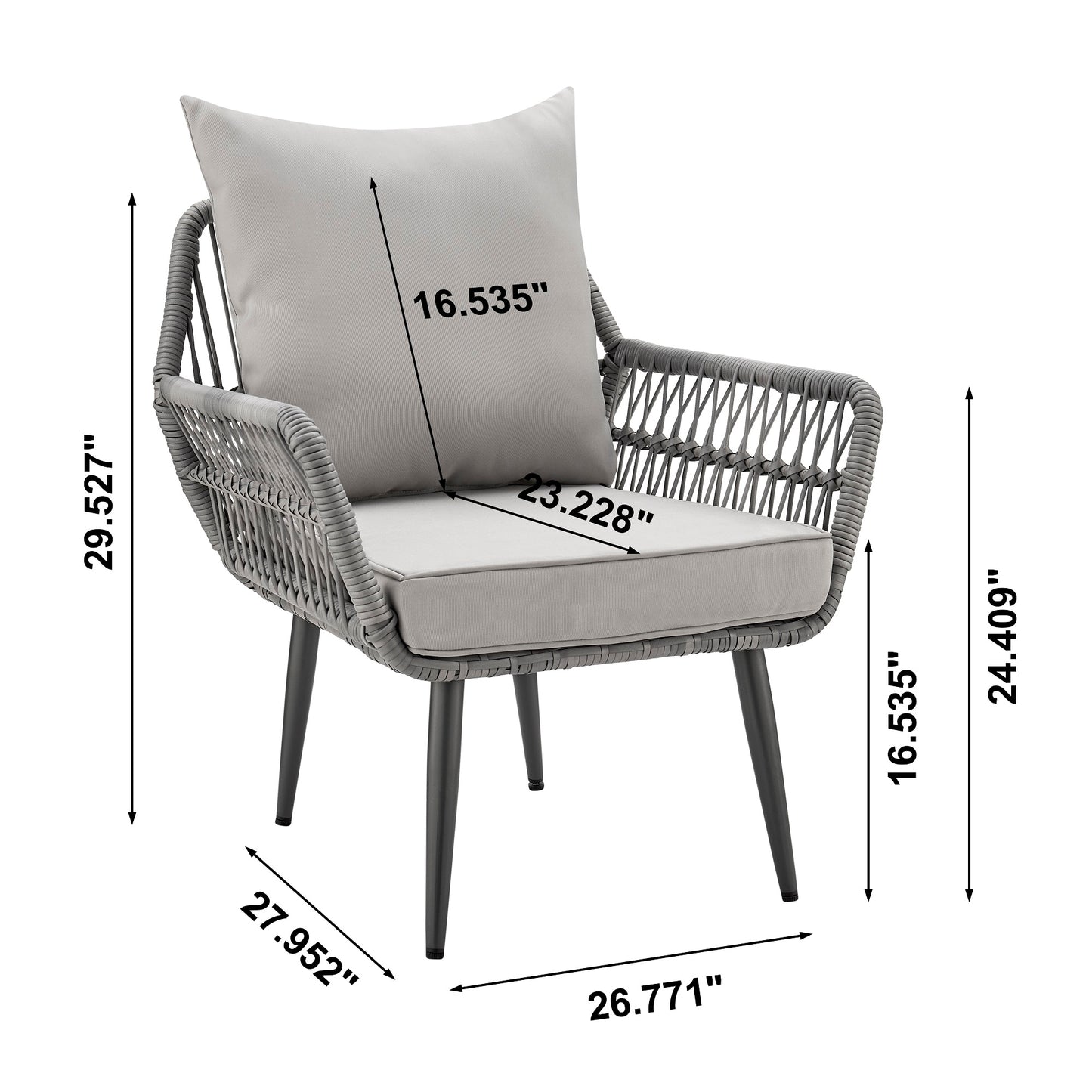 Manhattan Comfort Cannes Rope Wicker 3-Piece Patio Conversation Set with Cushions in Grey OD-CV012-GY