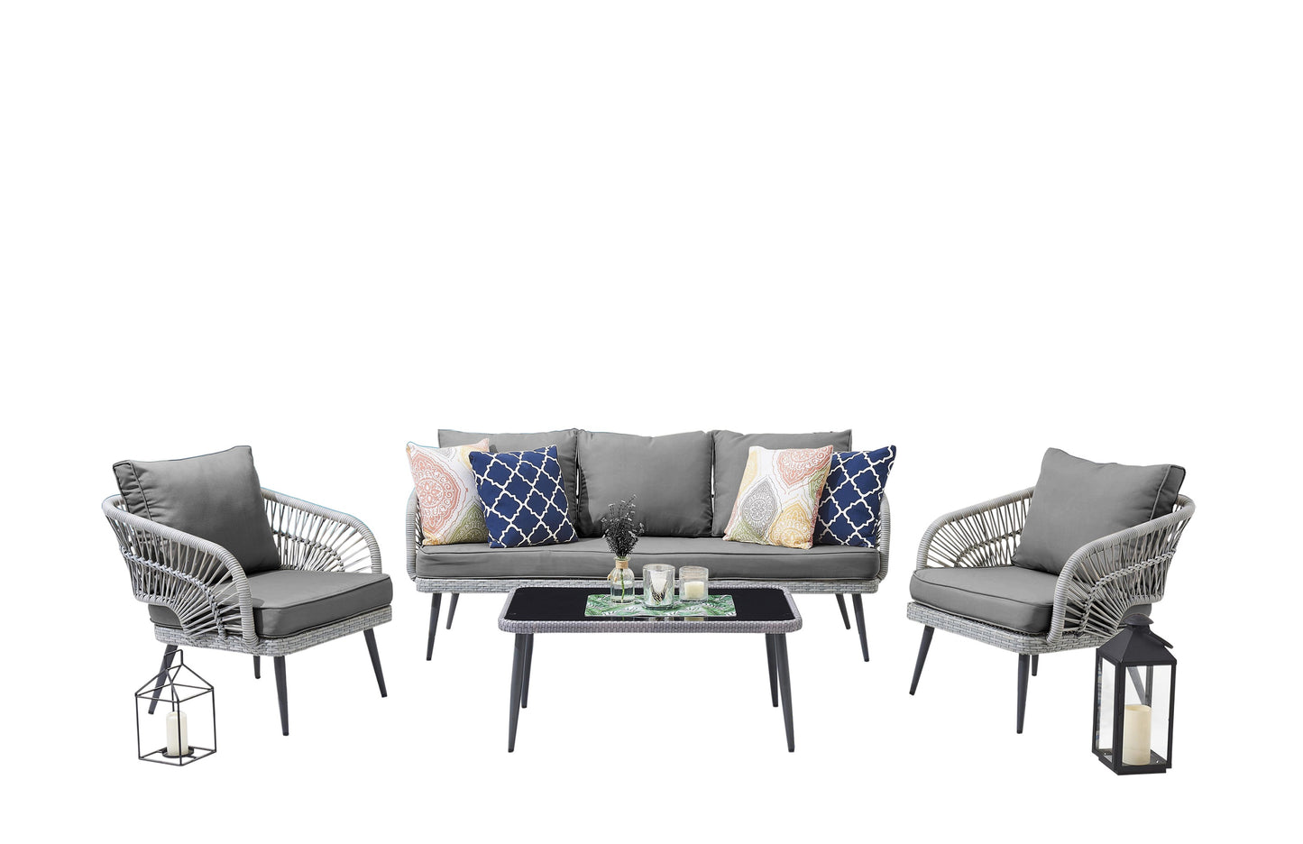 Manhattan Comfort Riviera Rope Wicker 4-Piece 5 Seater Patio Conversation Set with Cushions in Cream OD-CV015-GY