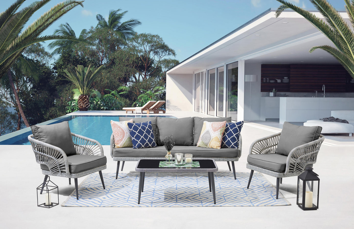 Manhattan Comfort Riviera Rope Wicker 4-Piece 5 Seater Patio Conversation Set with Cushions in Cream OD-CV015-GY