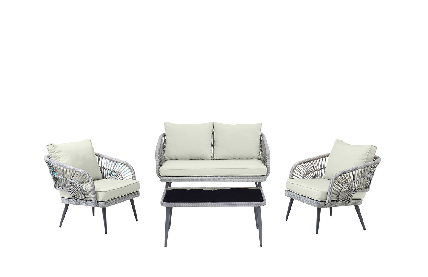 Manhattan Comfort Riviera Rope Wicker 4-Piece 4 Seater Patio Conversation Set with Cushions in Cream OD-CV016-CR