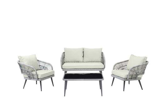 Manhattan Comfort Riviera Rope Wicker 4-Piece 4 Seater Patio Conversation Set with Cushions in Cream OD-CV016-CR