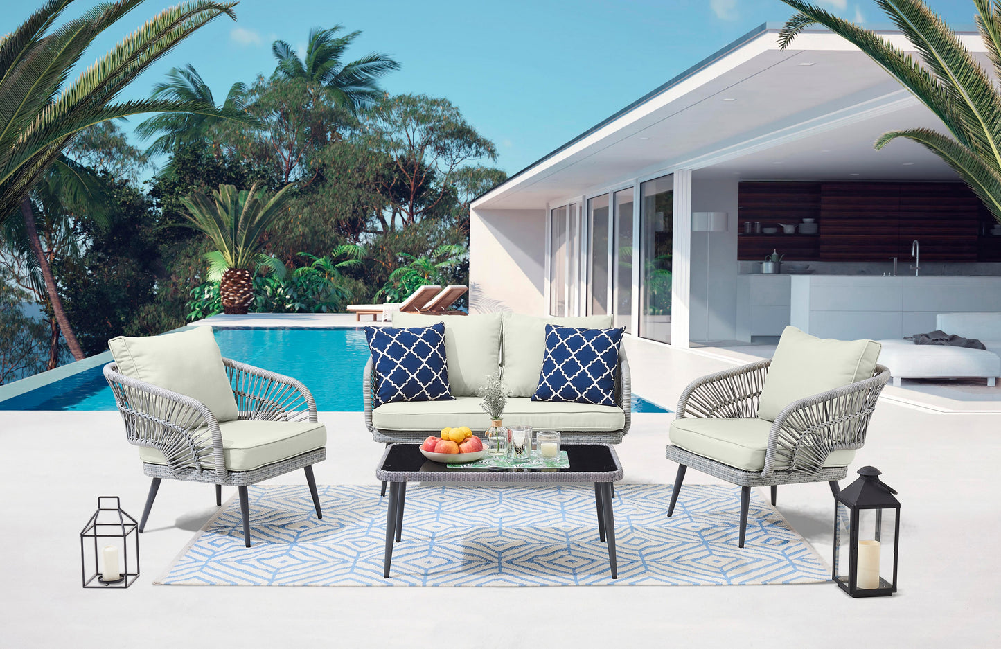 Manhattan Comfort Riviera Rope Wicker 4-Piece 4 Seater Patio Conversation Set with Cushions in Cream OD-CV016-CR
