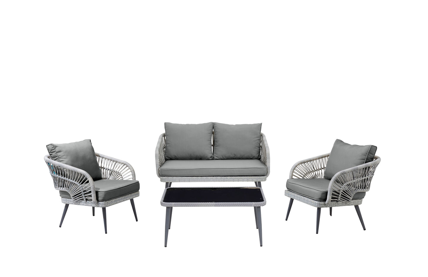 Manhattan Comfort Riviera Rope Wicker 4-Piece 4 Seater Patio Conversation Set with Cushions in Cream OD-CV016-GY