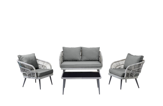 Manhattan Comfort Riviera Rope Wicker 4-Piece 4 Seater Patio Conversation Set with Cushions in Cream OD-CV016-GY