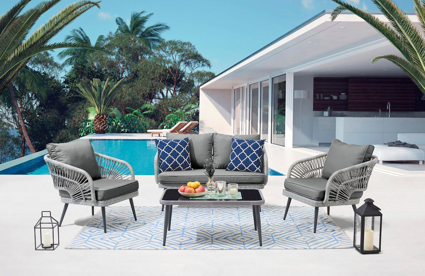 Manhattan Comfort Riviera Rope Wicker 4-Piece 4 Seater Patio Conversation Set with Cushions in Cream OD-CV016-GY