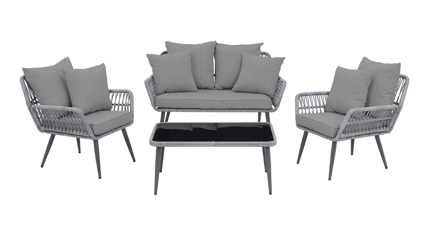 Manhattan Comfort Portofino Rope Wicker 4-Piece Patio Conversation Set with Cushions in Grey OD-CV019-GY