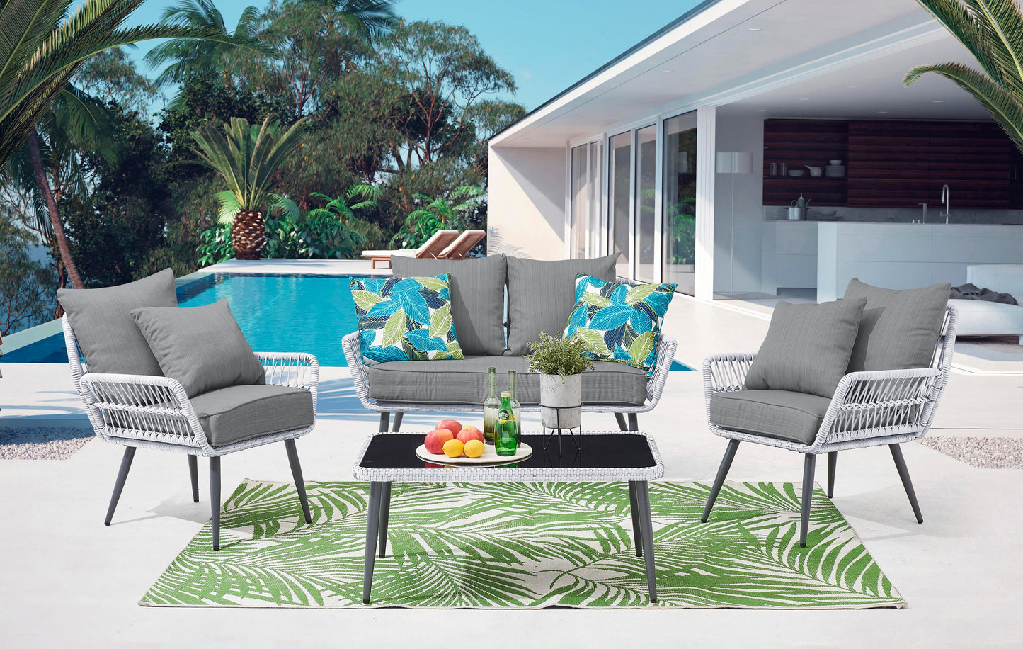 Manhattan Comfort Portofino Rope Wicker 4-Piece Patio Conversation Set with Cushions in Grey OD-CV019-GY