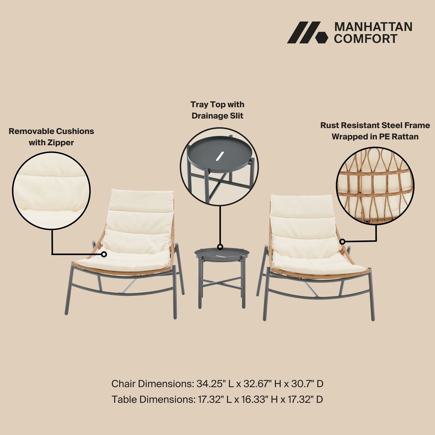 Sunset Modern 3-Piece Conversation Set in Cream OD-CV021-CR