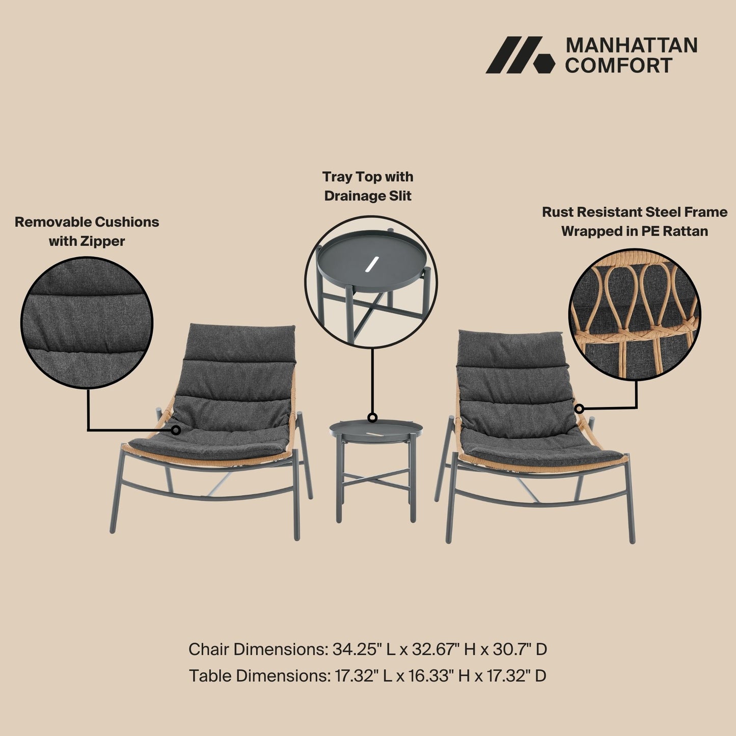 Sunset Modern 3-Piece Conversation Set in Gray OD-CV021-GY
