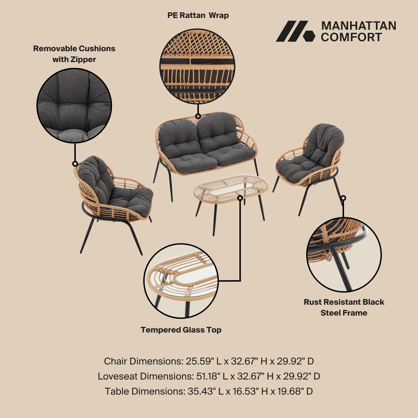 Pine Modern 4-Piece Conversation Set — Modern Pine Seating Ensemble for Home