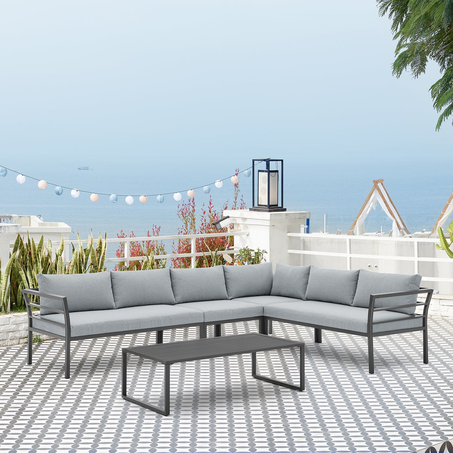 Manhattan Comfort Sunnyside Modern Corner Patio Conversation Set with Table in Grey OD-CV026-GY