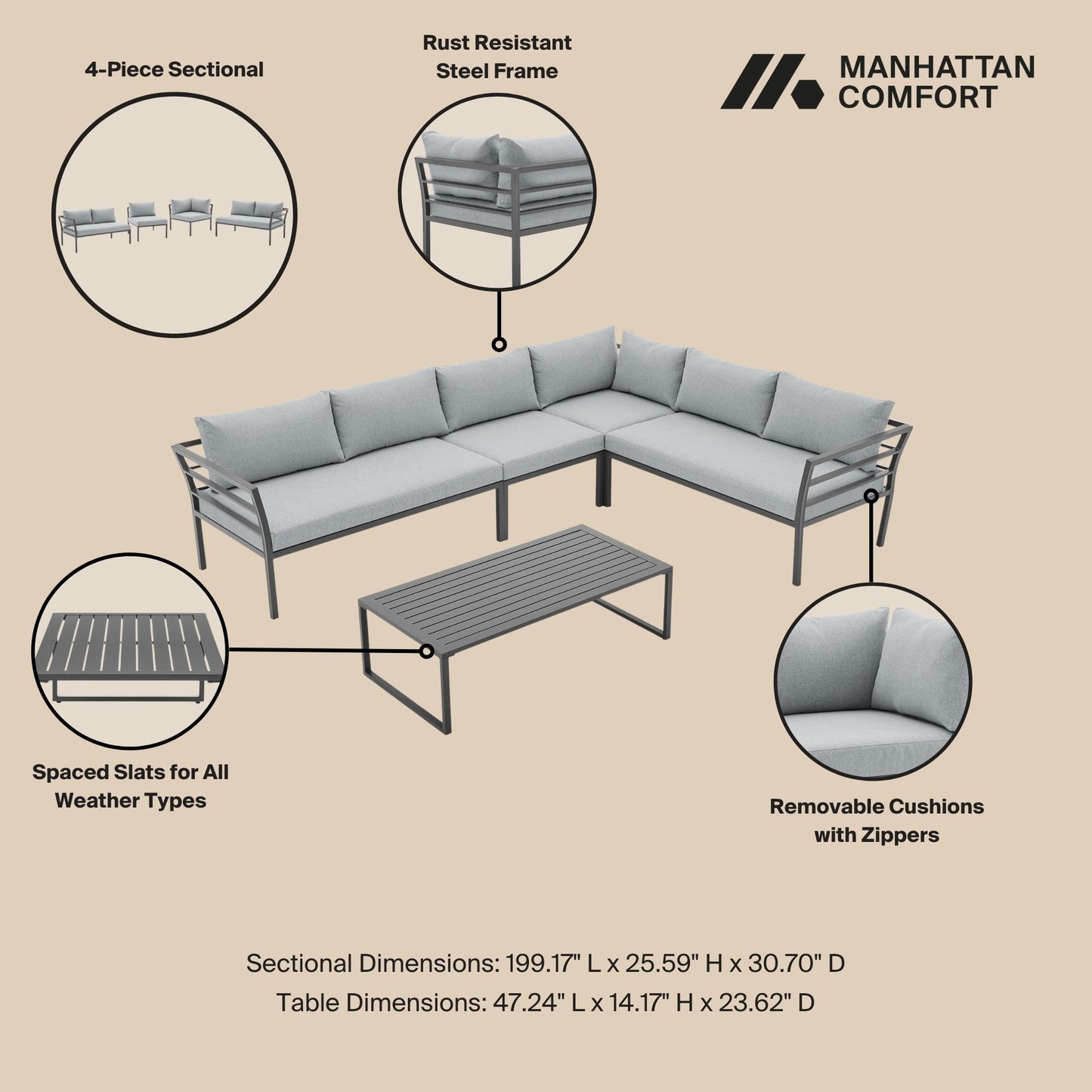 Manhattan Comfort Sunnyside Modern Corner Patio Conversation Set with Table in Grey OD-CV026-GY