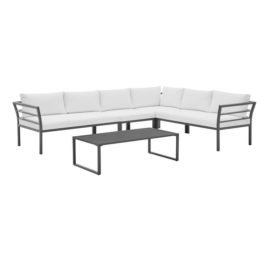 Manhattan Comfort Sunnyside Modern Corner Patio Conversation Set with Table in White OD-CV026-WH