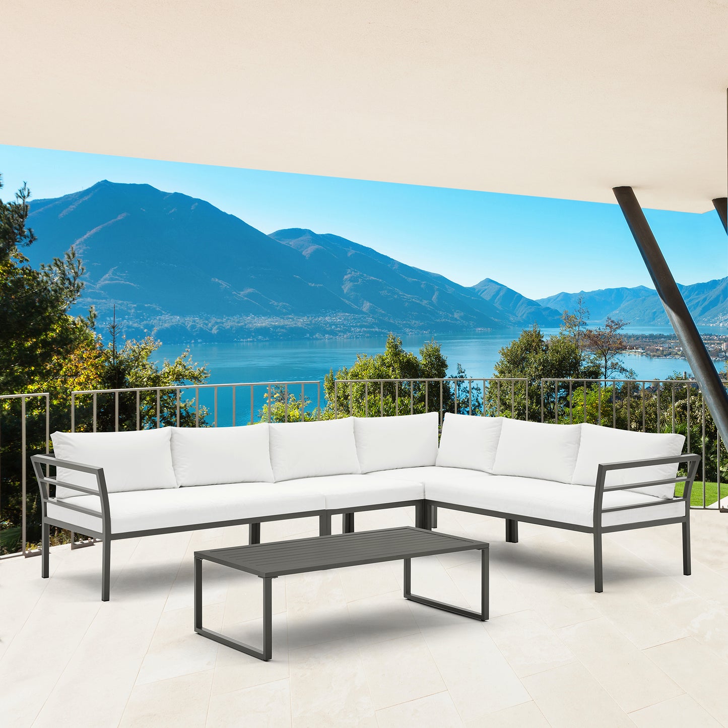 Manhattan Comfort Sunnyside Modern Corner Patio Conversation Set with Table in White OD-CV026-WH