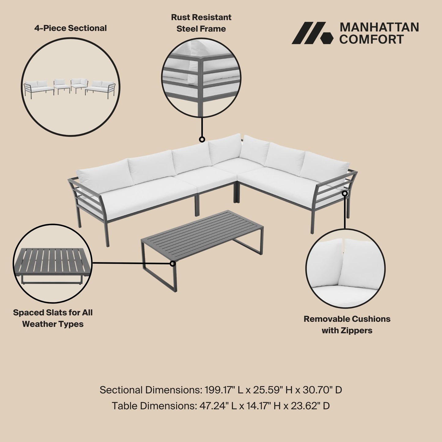 Manhattan Comfort Sunnyside Modern Corner Patio Conversation Set with Table in White OD-CV026-WH