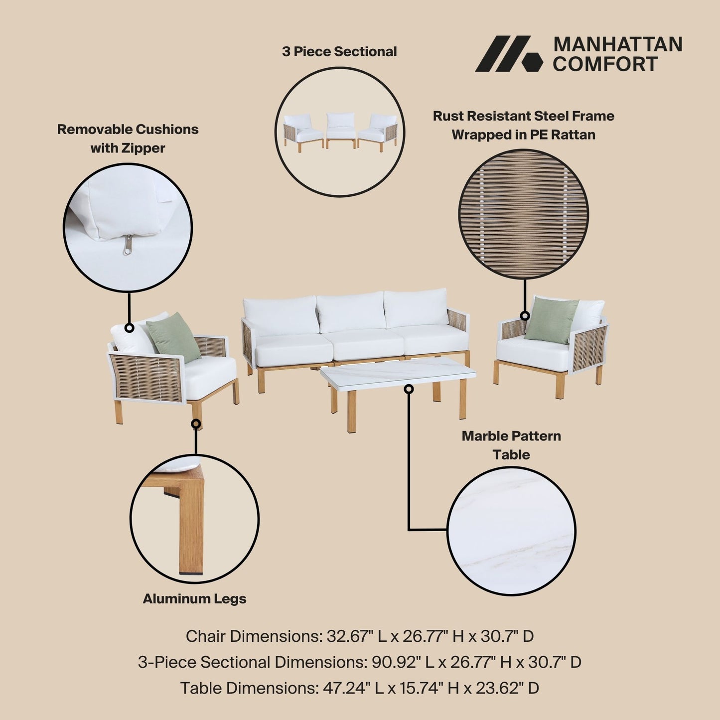 Manhattan Comfort Vine Modern 4-Piece Patio Conversation Set in Cream OD-CV029-CR