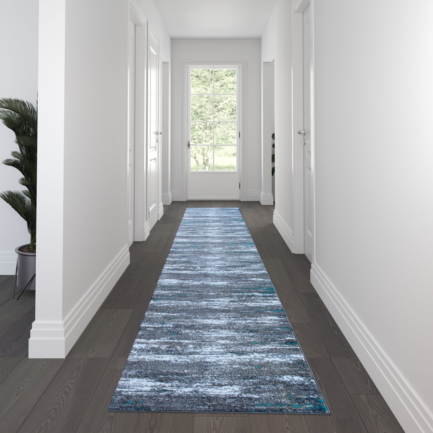 Marian Collection 3' x 16' Distressed Gray Olefin Area Rug with Jute Backing for Entryway, Living Room, Bedroom Turquoise