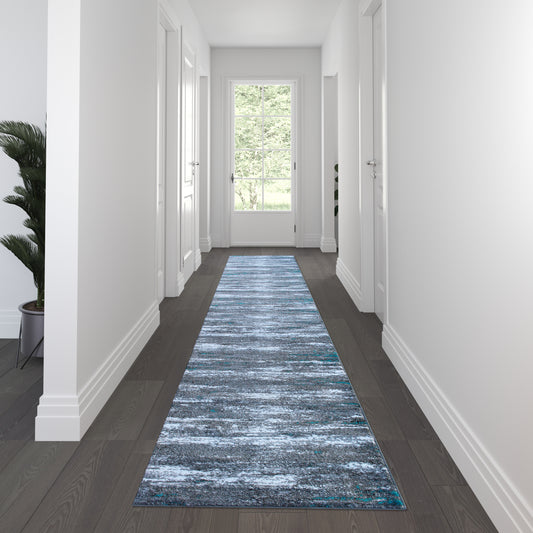 Marian Collection 3' x 16' Distressed Gray Olefin Area Rug with Jute Backing for Entryway, Living Room, Bedroom Turquoise