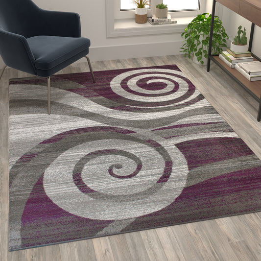 Cirrus Collection 5' x 7' Purple Swirl Patterned Olefin Area Rug with Jute Backing for Entryway, Living Room, Bedroom Purple