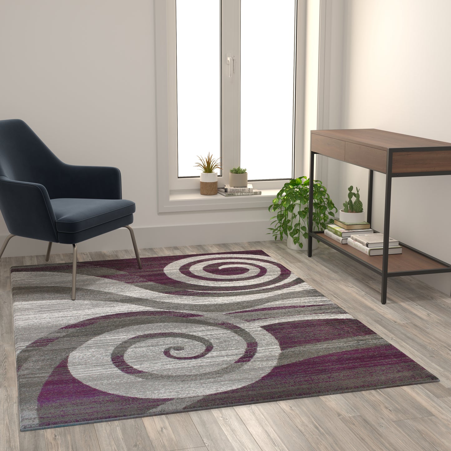 Cirrus Collection 5' x 7' Purple Swirl Patterned Olefin Area Rug with Jute Backing for Entryway, Living Room, Bedroom Purple