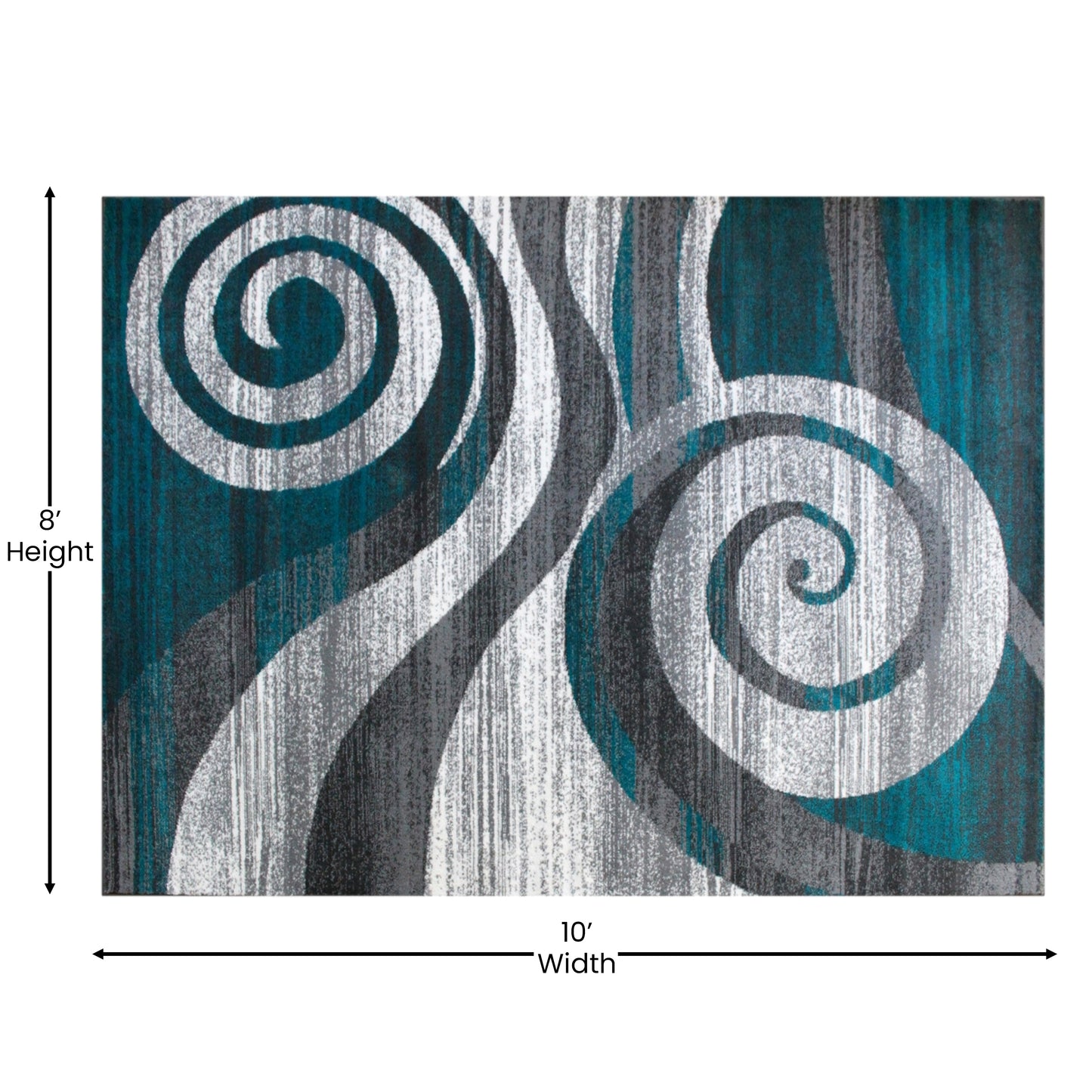 Cirrus Collection 8' x 10' Turquoise Swirl Patterned Olefin Area Rug with Jute Backing for Entryway, Living Room, Bedroom Turquoise