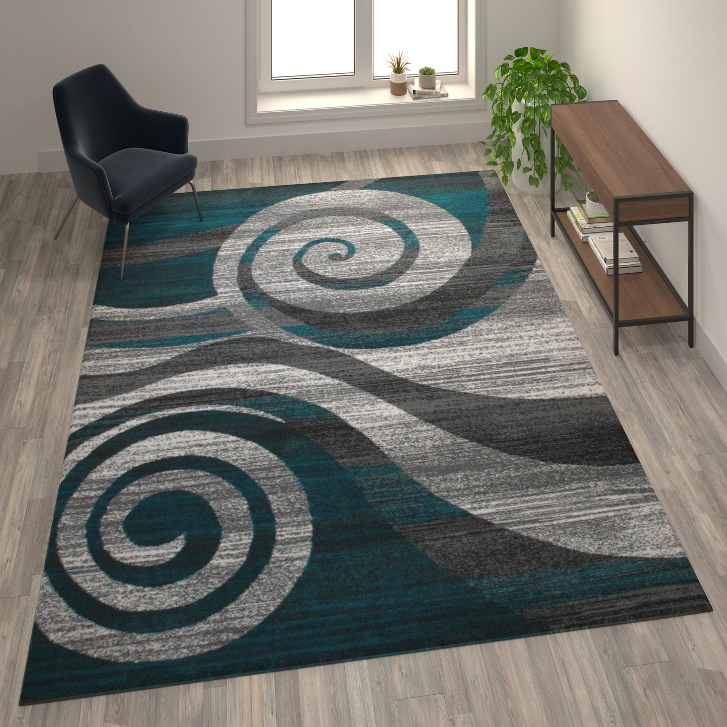 Cirrus Collection 8' x 10' Turquoise Swirl Patterned Olefin Area Rug with Jute Backing for Entryway, Living Room, Bedroom Turquoise