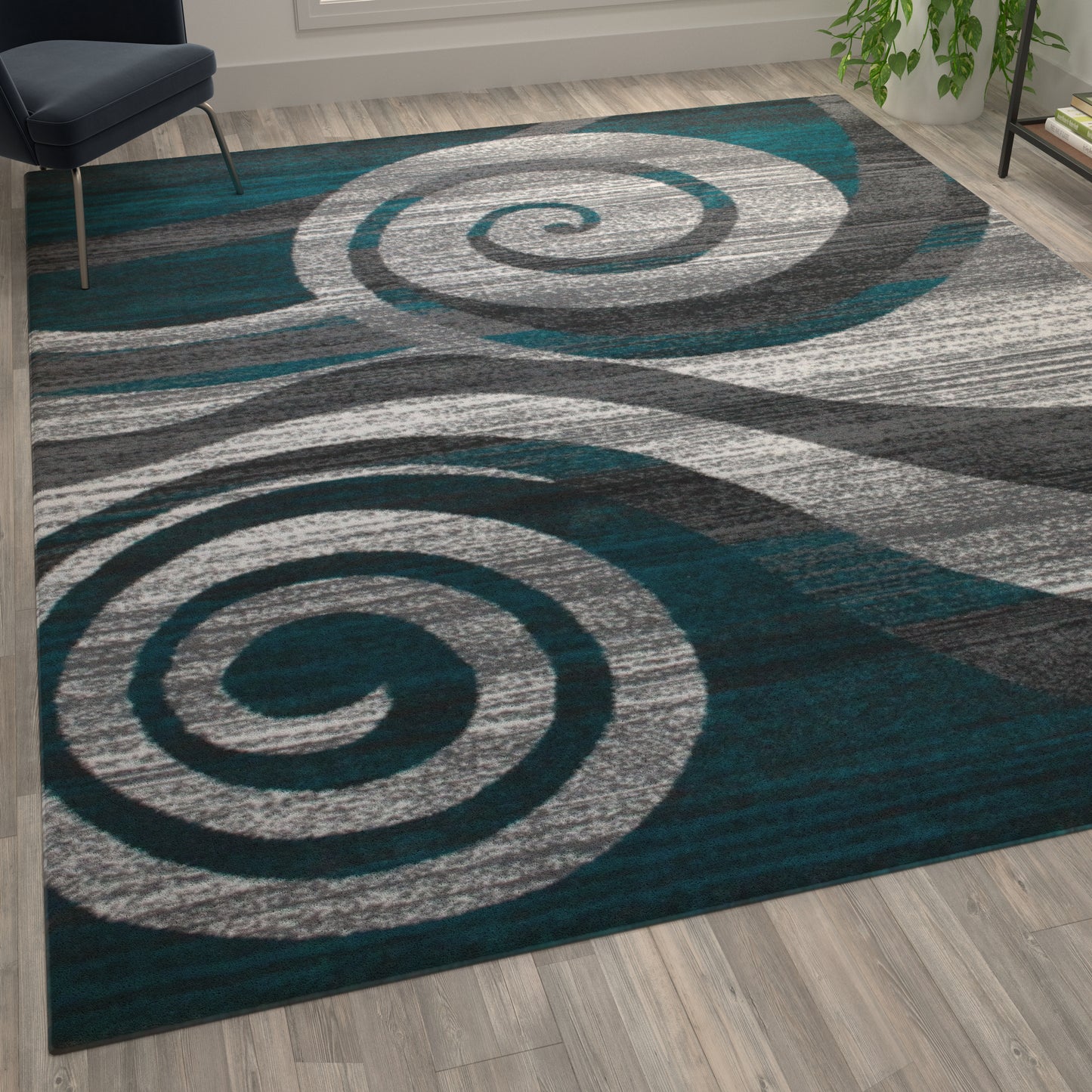 Cirrus Collection 8' x 10' Turquoise Swirl Patterned Olefin Area Rug with Jute Backing for Entryway, Living Room, Bedroom Turquoise