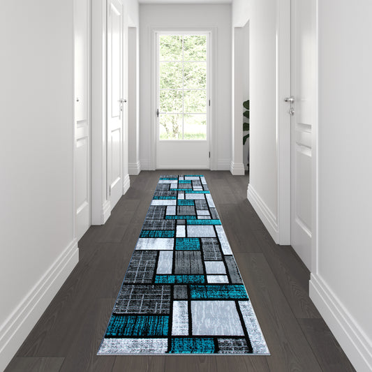 Raven Collection 2' x 11' Turquoise Color Bricked Olefin Area Rug with Jute Backing for Entryway, Living Room, Bedroom Turquoise