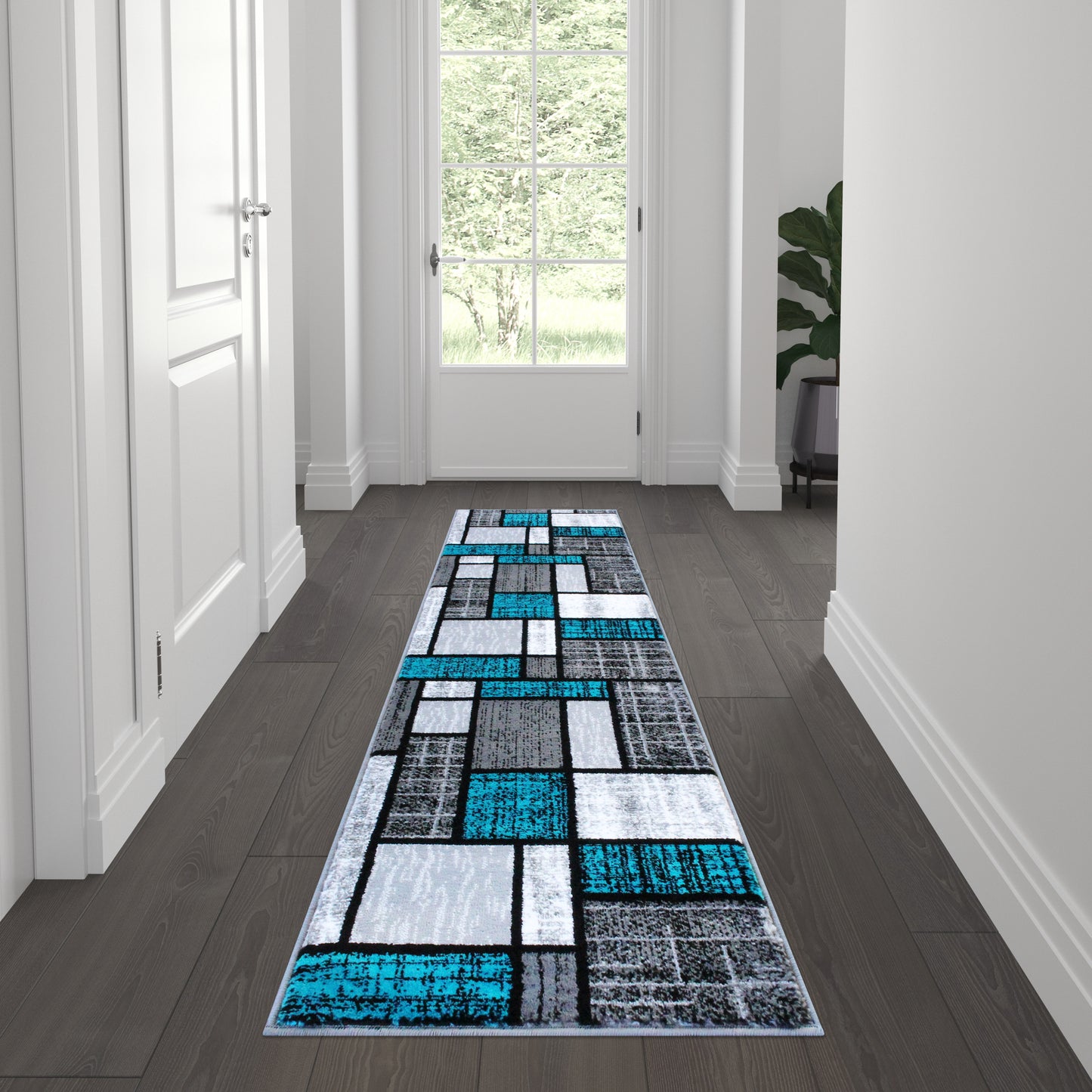 Raven Collection 2' x 7' Turquoise Color Bricked Olefin Area Rug with Jute Backing for Entryway, Living Room, Bedroom Turquoise