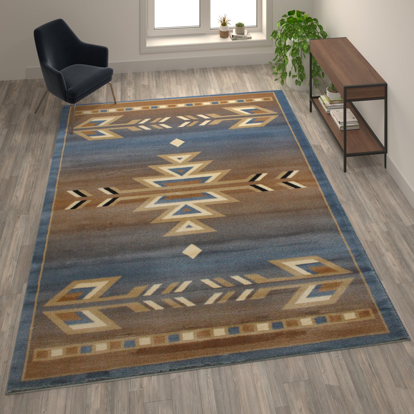 Lodi Collection Southwestern 8' x 10' Blue Area Rug - Olefin Rug with Jute Backing for Hallway, Entryway, Bedroom, Living Room Blue