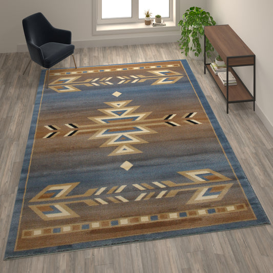 Lodi Collection Southwestern 8' x 10' Blue Area Rug - Olefin Rug with Jute Backing for Hallway, Entryway, Bedroom, Living Room Blue