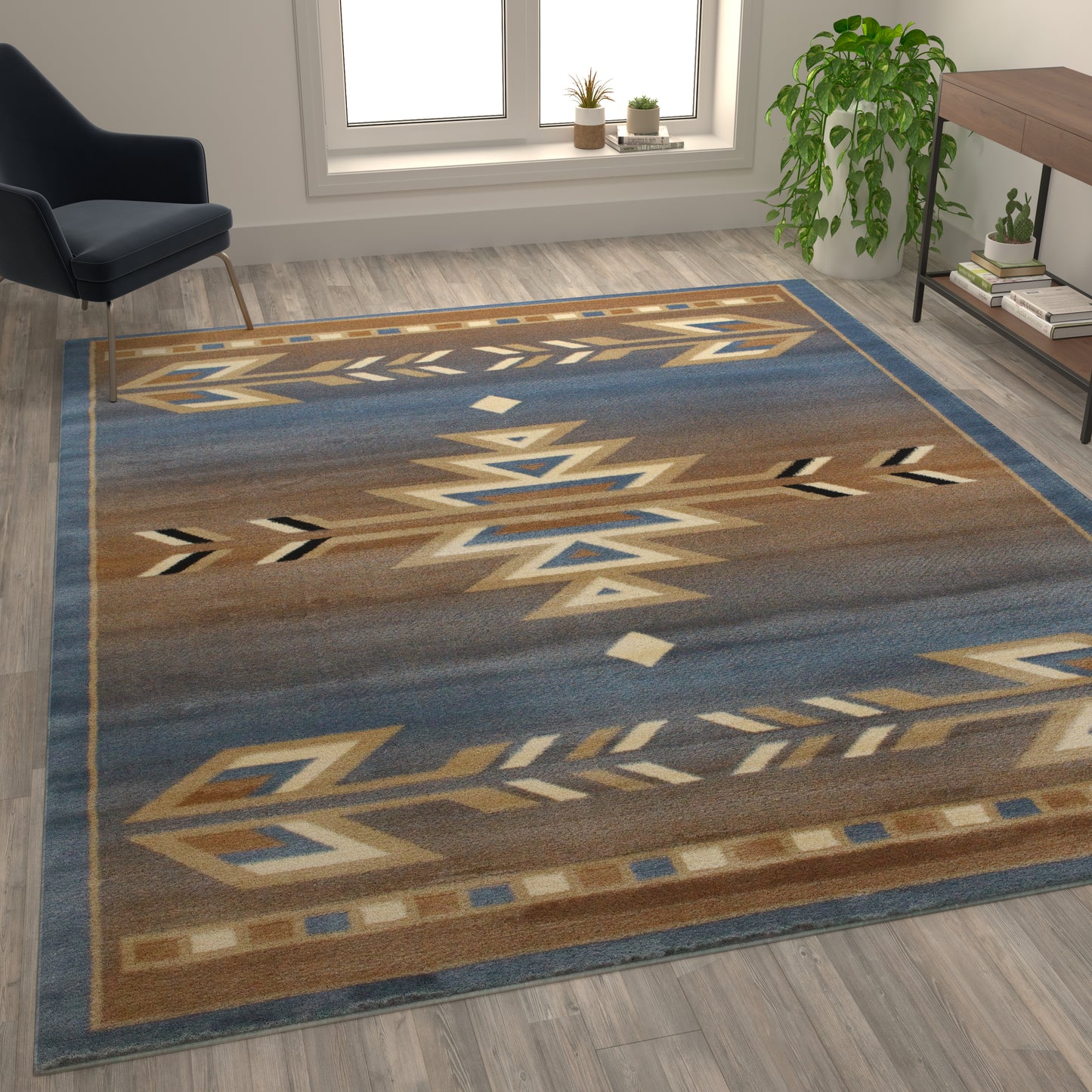 Lodi Collection Southwestern 8' x 10' Blue Area Rug - Olefin Rug with Jute Backing for Hallway, Entryway, Bedroom, Living Room Blue