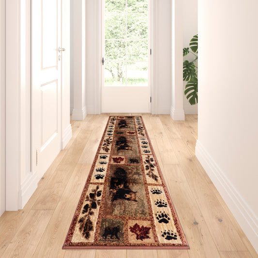 Vassa Collection 2' x 7' Mother Bear & Cubs Nature Themed Olefin Area Rug with Jute Backing for Entryway, Living Room, Bedroom Brown OKR-RG1114-27-BN-GG