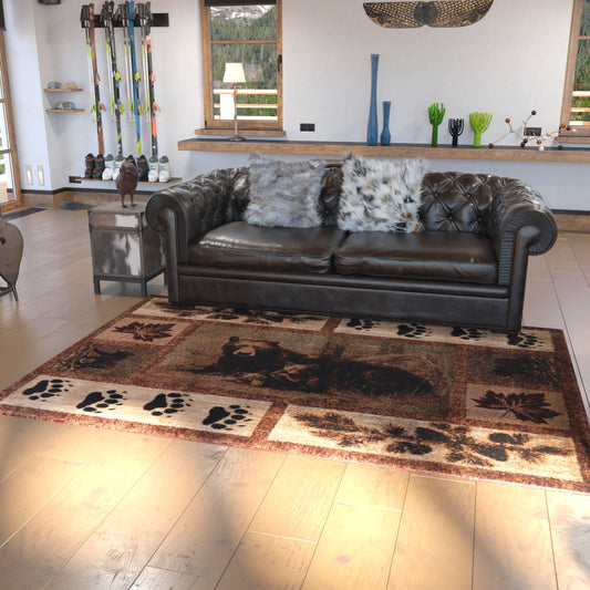 Vassa Collection 6' x 9' Mother Bear & Cubs Nature Themed Olefin Area Rug with Jute Backing for Entryway, Living Room, Bedroom Brown OKR-RG1114-69-BN-GG