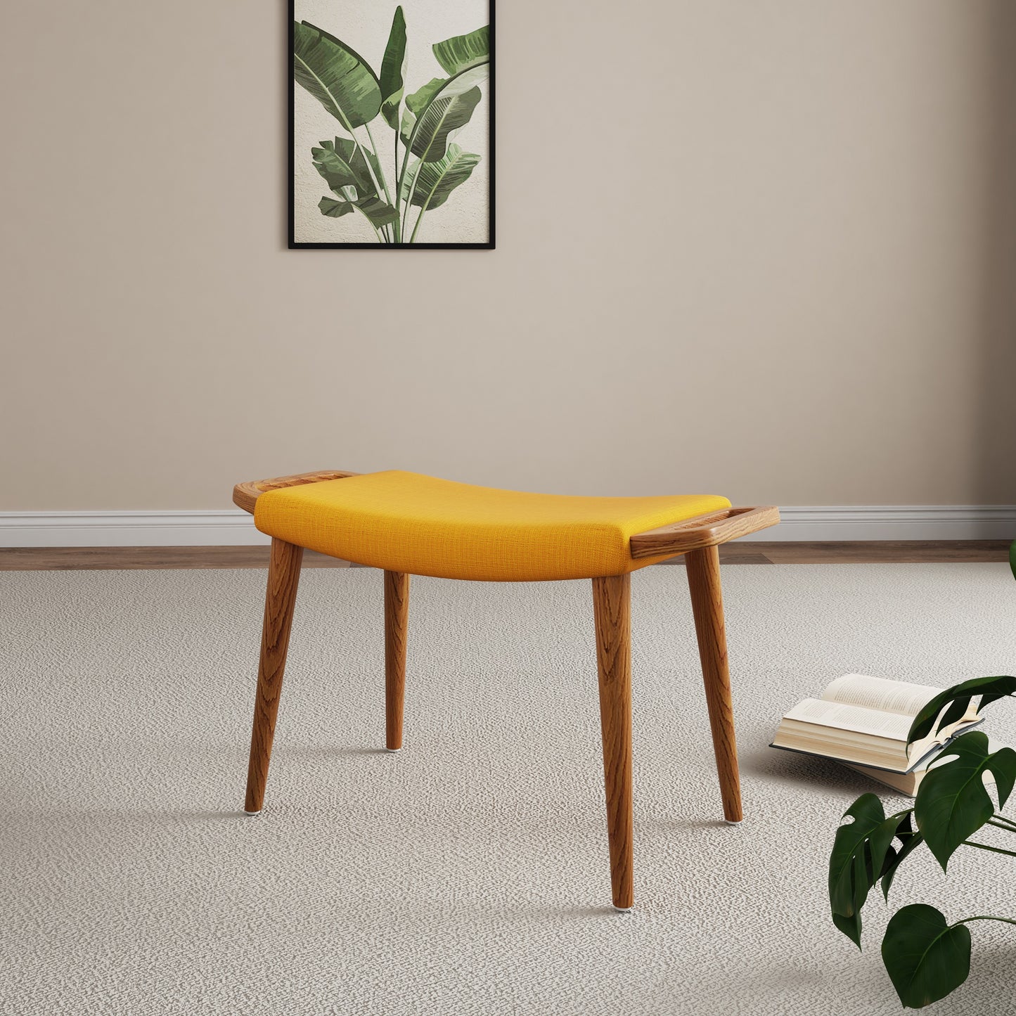 Geta Mid-Century Modern Wood Linen Weave Accent Ottoman in Yellow OT001-YL