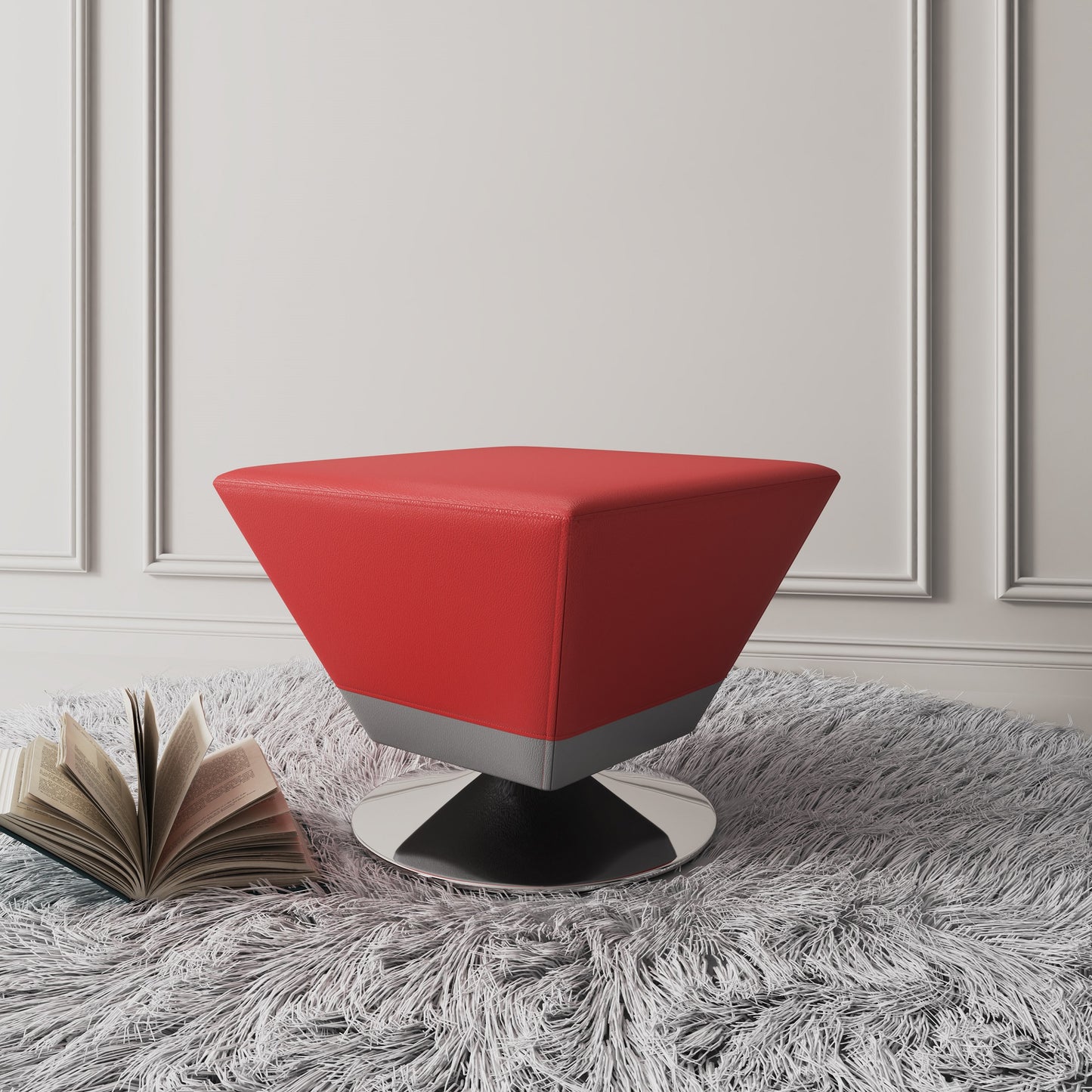 Manhattan Comfort Diamond Red and Polished Chrome Swivel Ottoman OT002-RD
