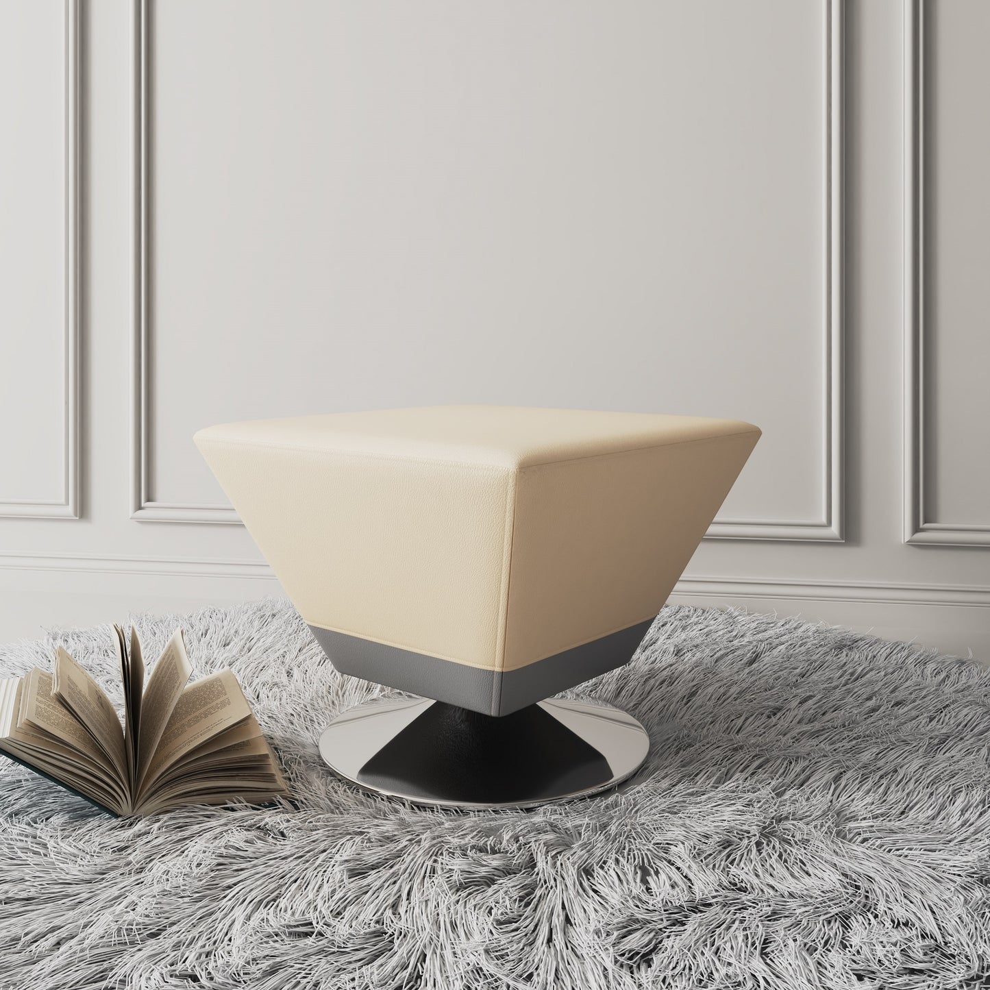 Manhattan Comfort Diamond Tan and Polished Chrome Swivel Ottoman OT002-TN