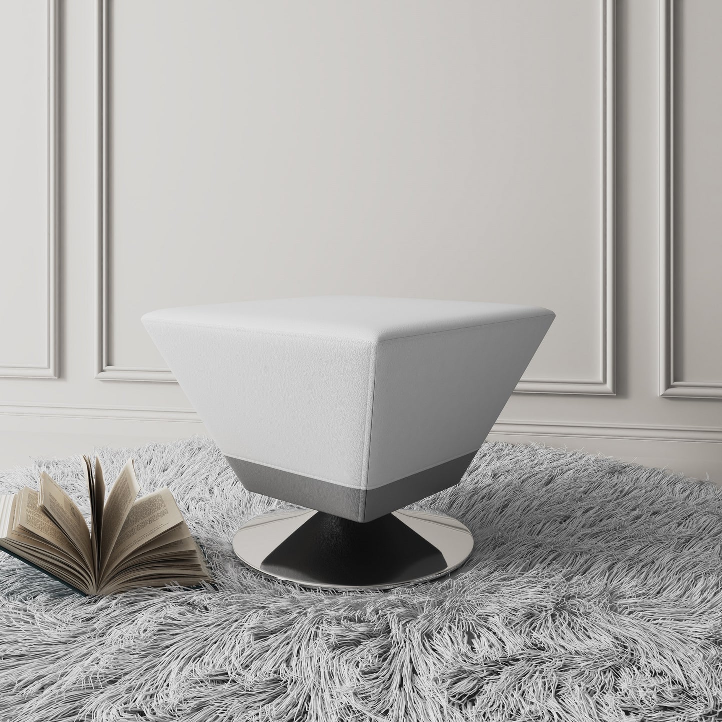 Manhattan Comfort Diamond White and Polished Chrome Swivel Ottoman OT002-WH