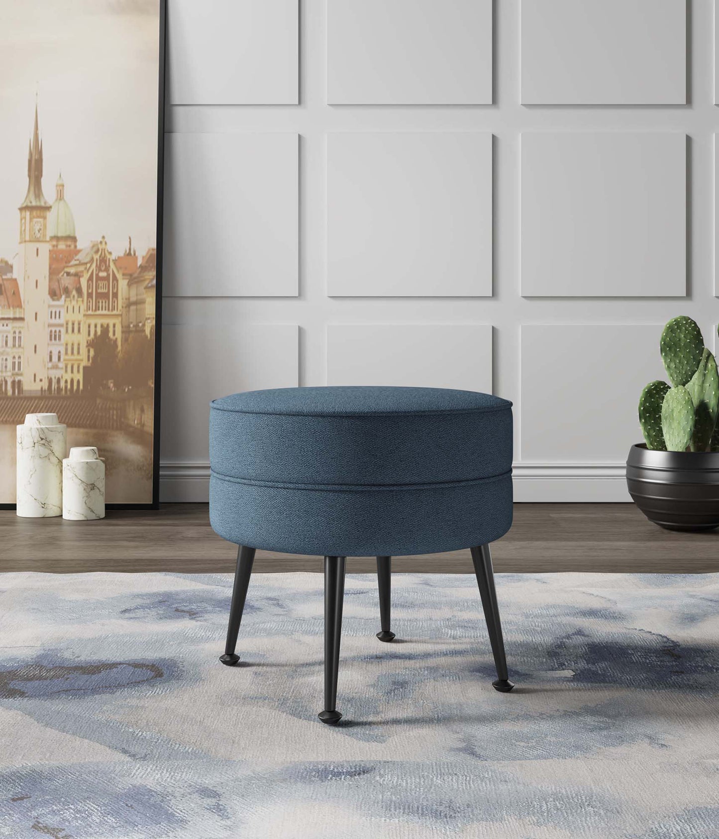 Manhattan Comfort Bailey Mid-Century Modern Woven Polyester Blend Upholstered Ottoman in Blue with Black Feet OT003-BLB