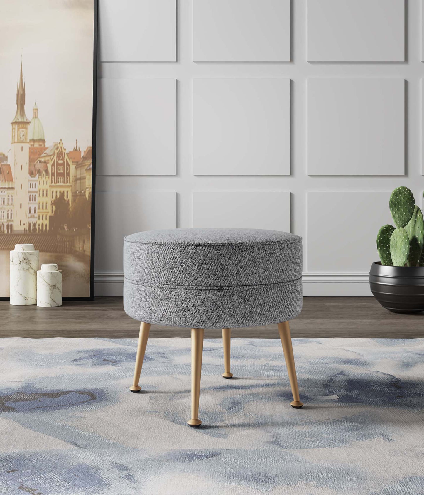 Manhattan Comfort Bailey Mid-Century Modern Woven Polyester Blend Upholstered Ottoman in Grey with Gold Feet OT003-GY