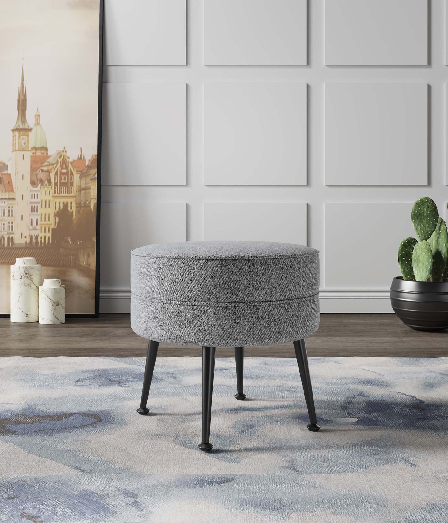Manhattan Comfort Bailey Mid-Century Modern Woven Polyester Blend Upholstered Ottoman in Grey with Black Feet OT003-GYB