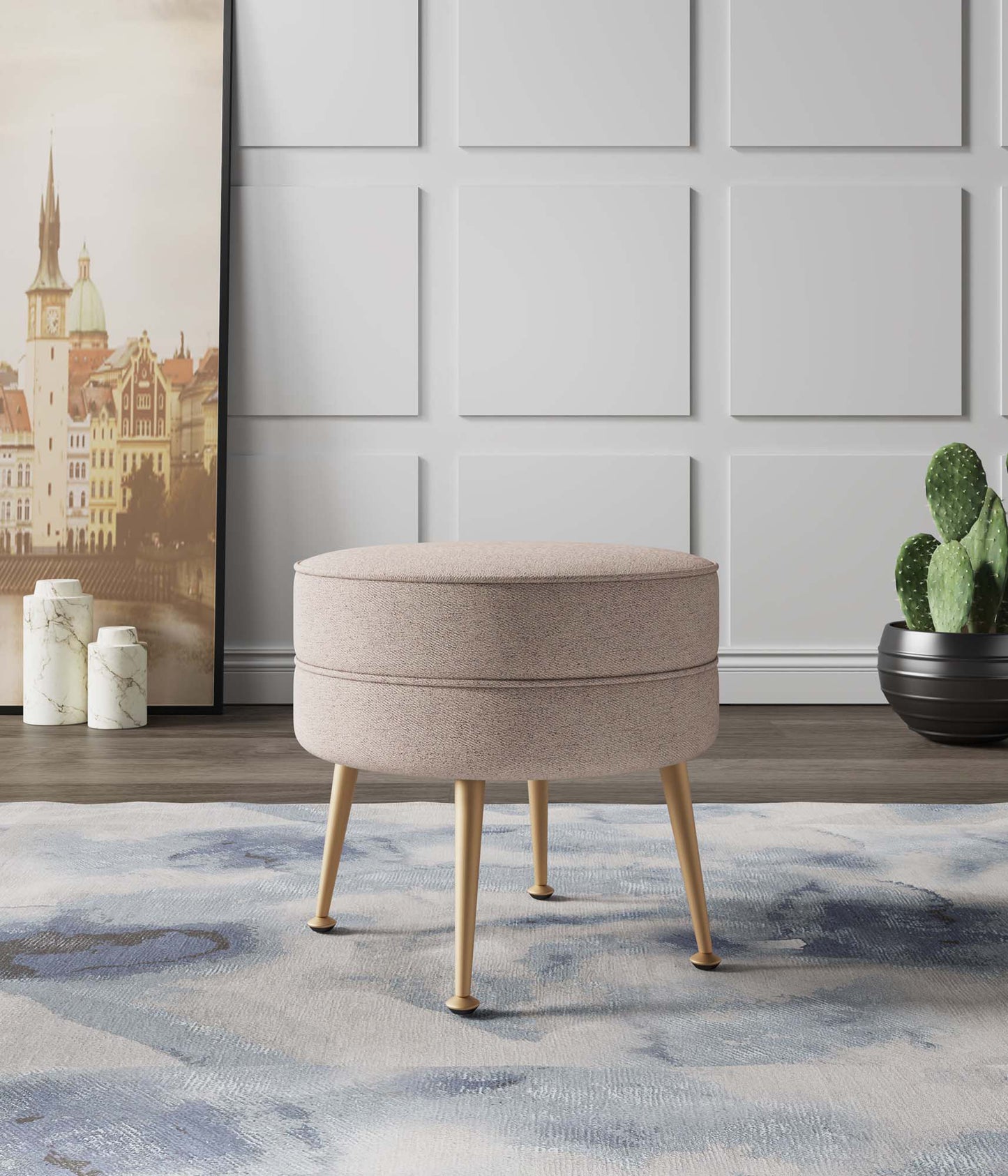 Manhattan Comfort Bailey Mid-Century Modern Woven Polyester Blend Upholstered Ottoman in Oatmeal with Gold Feet OT003-OT
