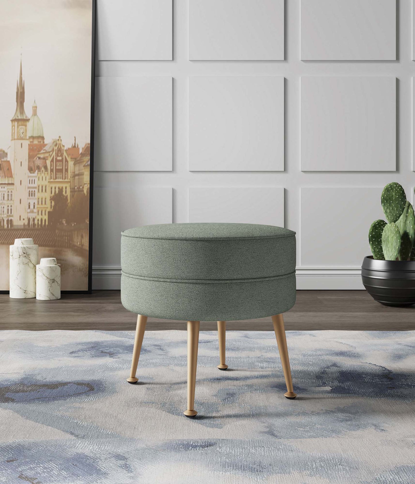 Manhattan Comfort Bailey Mid-Century Modern Woven Polyester Blend Upholstered Ottoman in Sage Green with Gold Feet OT003-SG